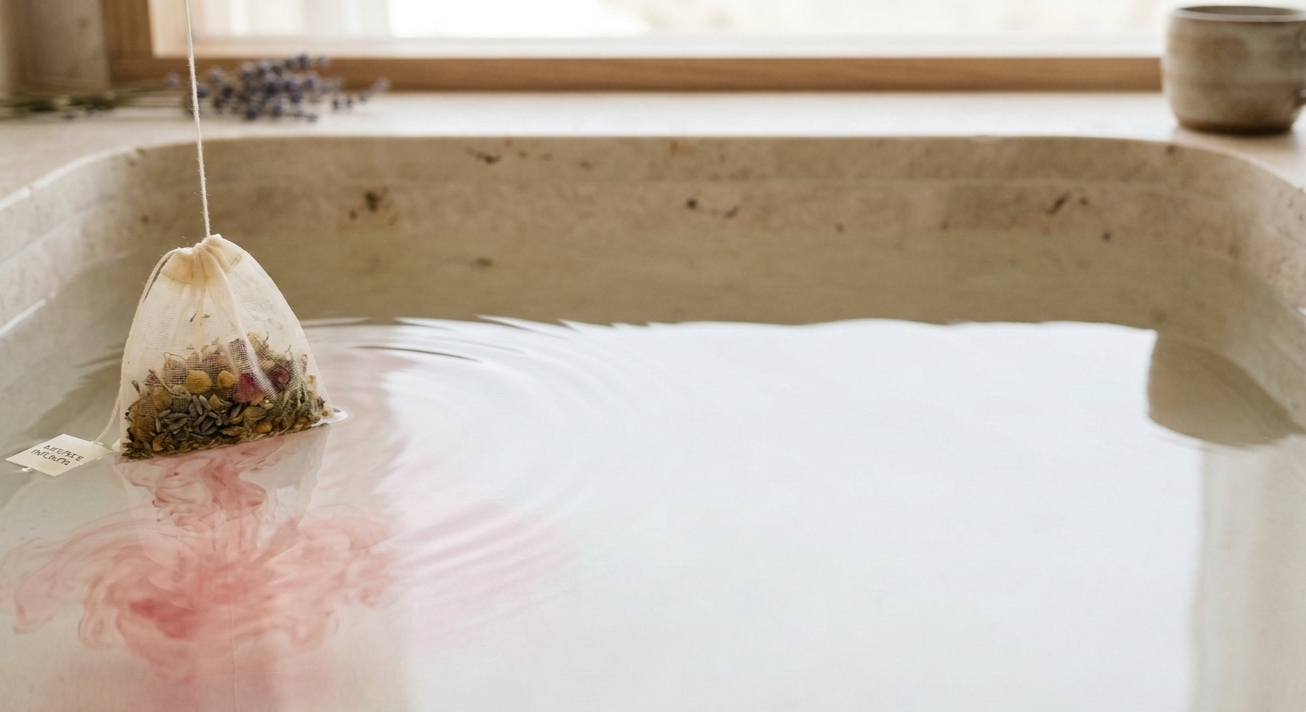 An organic herbal tea bag with tea leaves, and rose petals inside floating in a beautiful, earthy, bathtub filled with water.