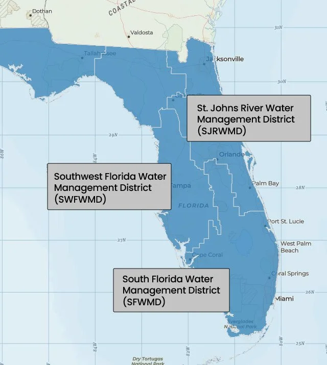 Map of Florida showing three water management districts: St. Johns River Water Management District in the northeastern part, Southwest Florida Water Management District in the western region, and South Florida Water Management District in the southern region.