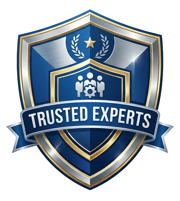 A shield-shaped badge with a blue and gold color scheme. It features a star at the top, laurel leaves, and an icon of three people with a gear. A banner across the shield reads "Trusted Experts."