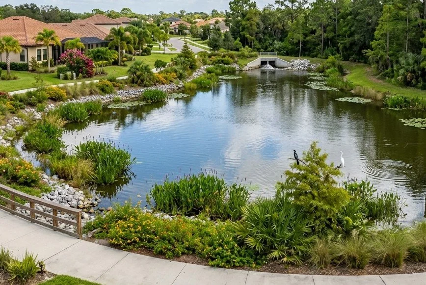 A serene pond surrounded by lush greenery and residential houses in the background, with two birds standing near the water's edge.