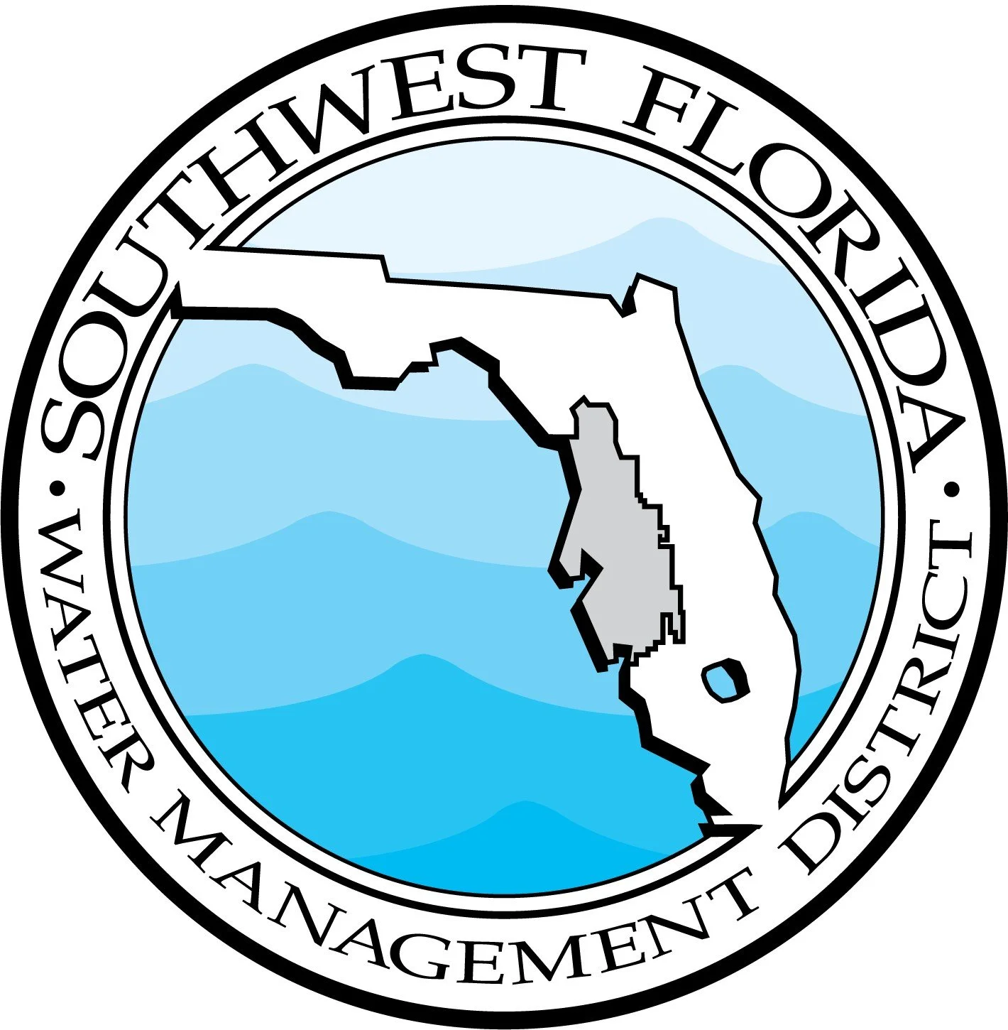 Seal of the Florida Department of Environmental Protection featuring a map of Florida and blue wavy background.
