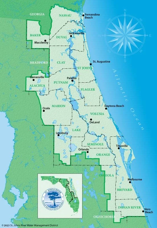 Map of Florida showing its counties, major cities, and bodies of water, with the Atlantic Ocean to the east and the Gulf of Mexico to the west. Beach locations are also marked.