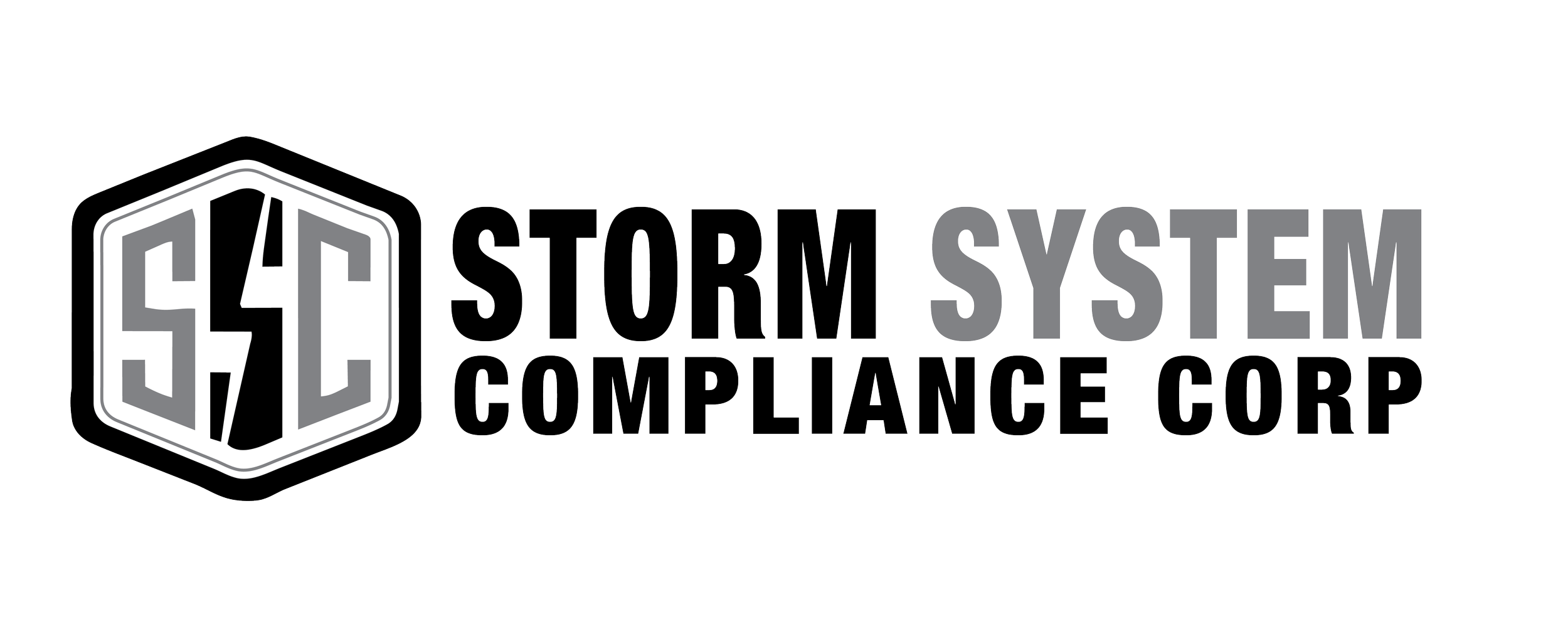 Logo of Storm System Compliance Corp with a hexagonal emblem containing stylized initials 'SSC' and the company name in bold black and gray letters.