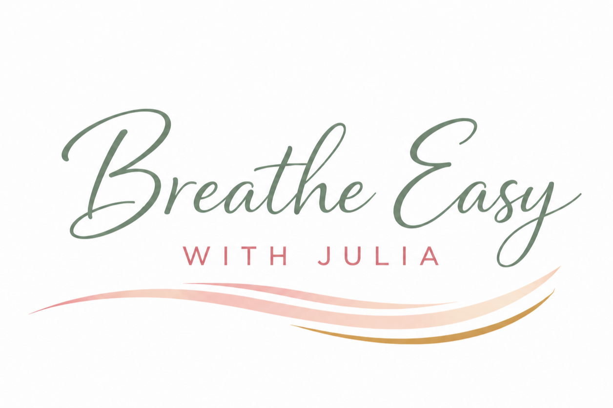Logo for 'Breathe Easy with Julia' featuring elegant script text and pastel-colored wave design.