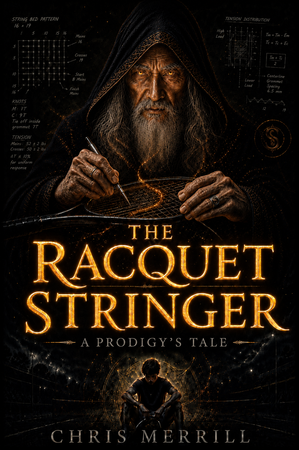 Book cover for 'The Racquet Stringer' by Chris Merrill featuring a mysterious old man with glowing eyes, long gray beard, and a hood, holding a tennis racquet, with glowing text and scientific diagrams in the background.