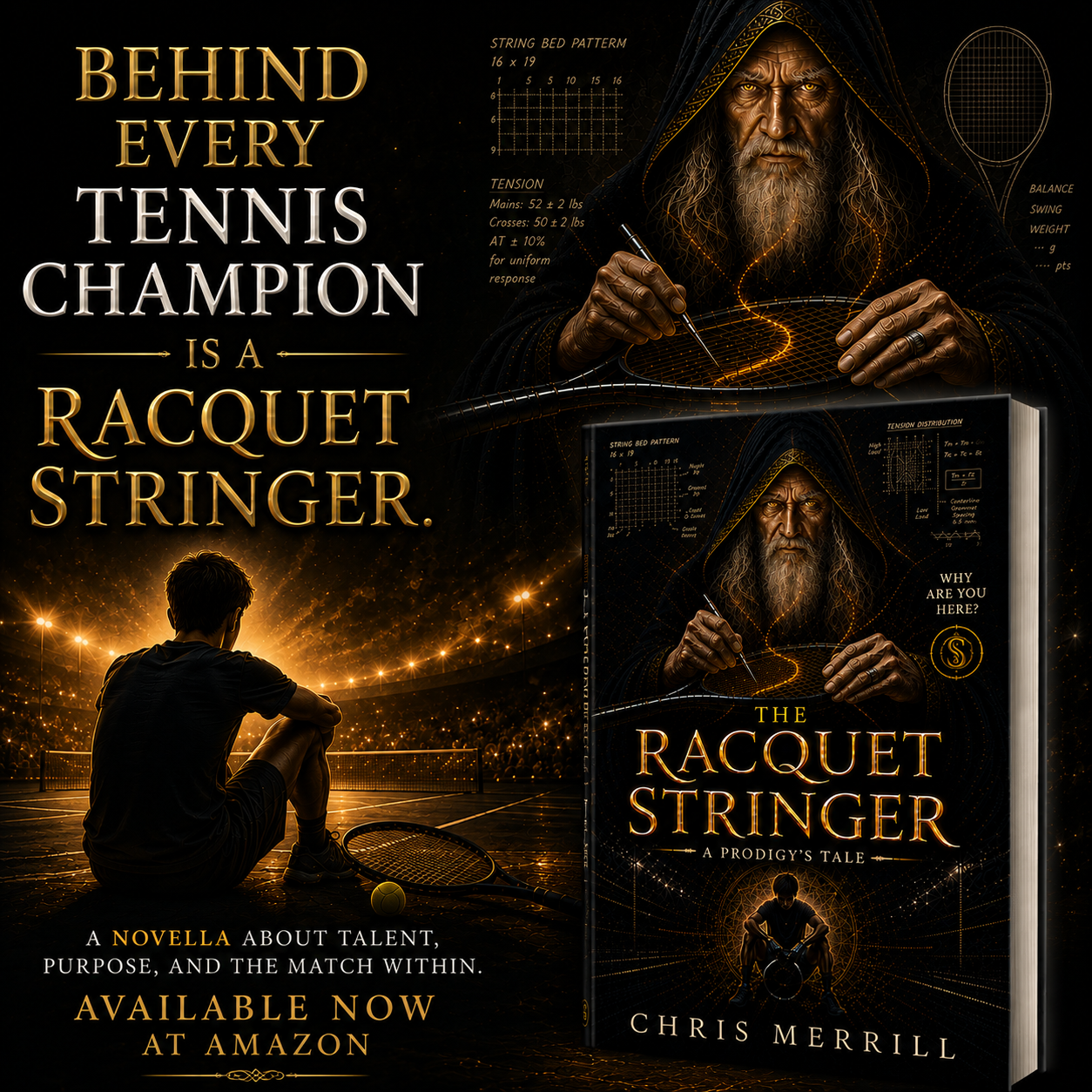 Book cover titled 'The Racquet Stringer' with a wise man in a hood writing on a digital interface, tennis equipment and a player sitting on a tennis court at night in the background.