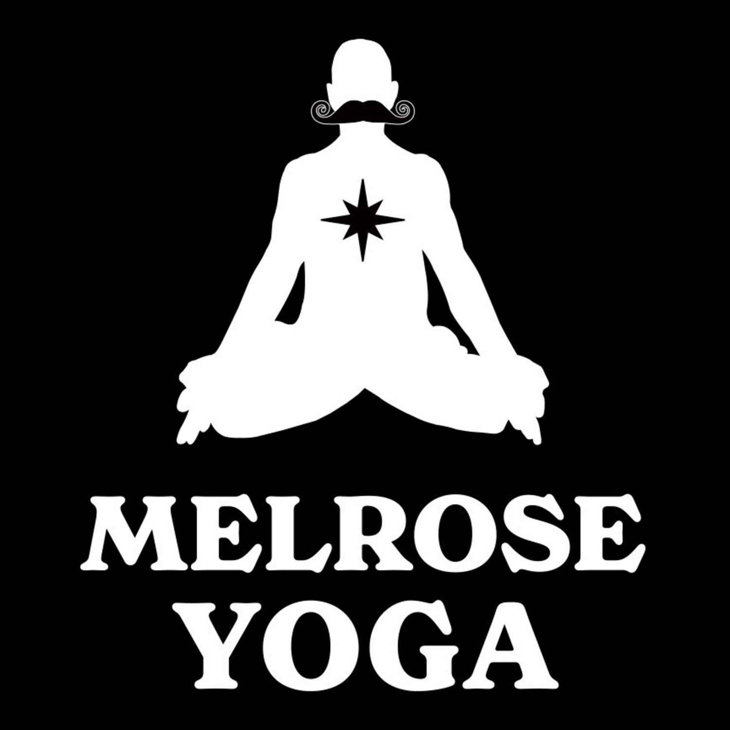 A black and white logo with a silhouette of a person in a yoga pose, with a star shape on their chest, and the text 'Melrose Yoga' below.