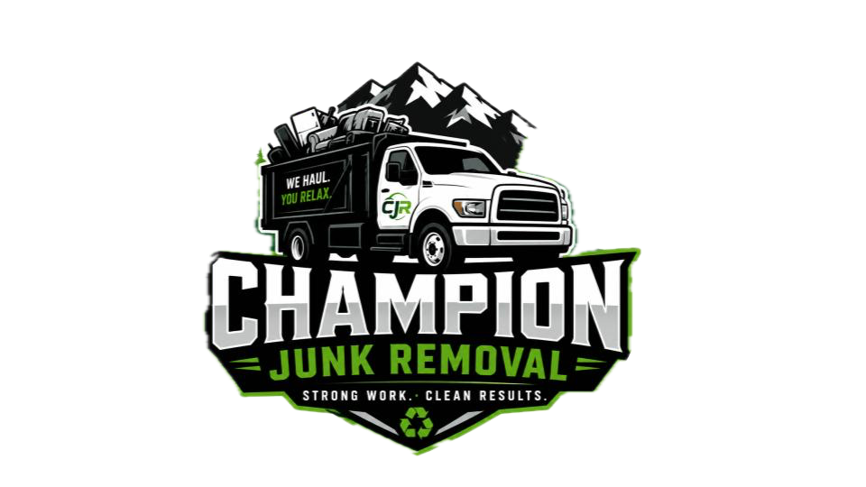 Logo for Champion Junk Removal featuring a truck with mountains in background, green and black color scheme, slogan 'We haul. You relax.' and tagline 'Strong work. Clean results.'