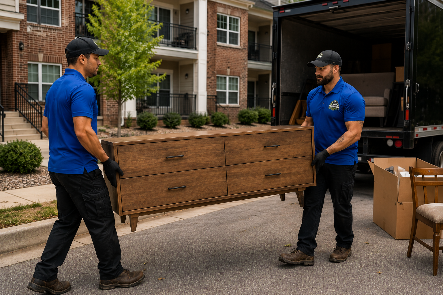 Two movers dressed in blue uniforms load a wooden dresser into a moving truck on a residential street.
