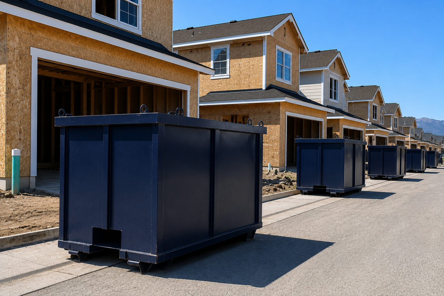 A row of newly constructed townhouses under construction with open garages and black dumpsters on the street.