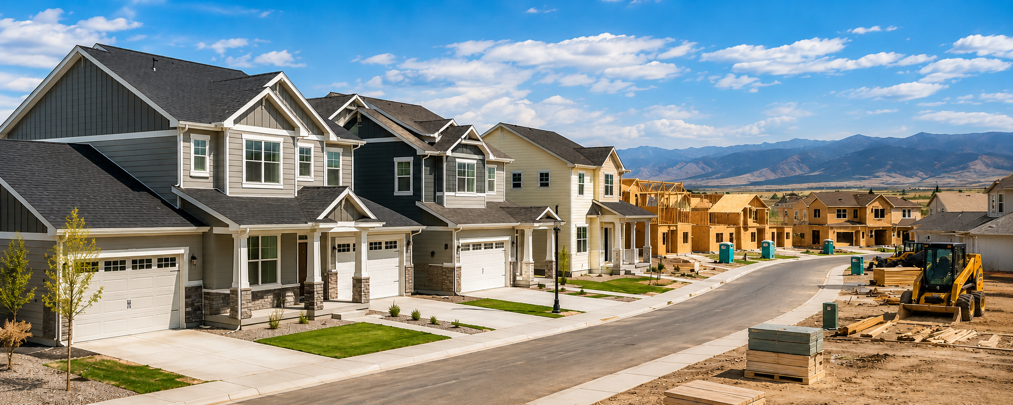 New suburban neighborhood under construction with completed houses on the left and other houses in progress on the right, construction equipment and temporary toilets, mountains in the background, clear blue sky with scattered clouds.