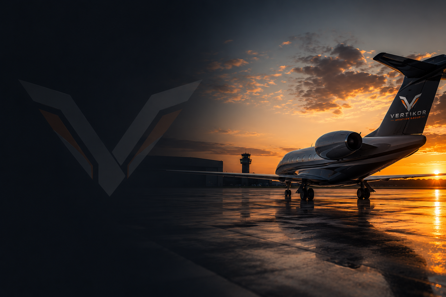 Private jet on runway during sunset with airport control tower in background.