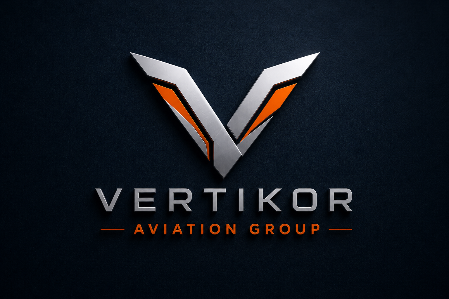 A stylized metallic logo resembling a V with orange accents, with the words 'VERTIKOR' in gray and 'AVIATION GROUP' in orange below on a dark background.