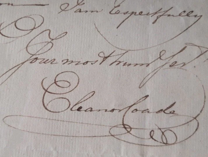 Eleanor Coade's signature on a letter.