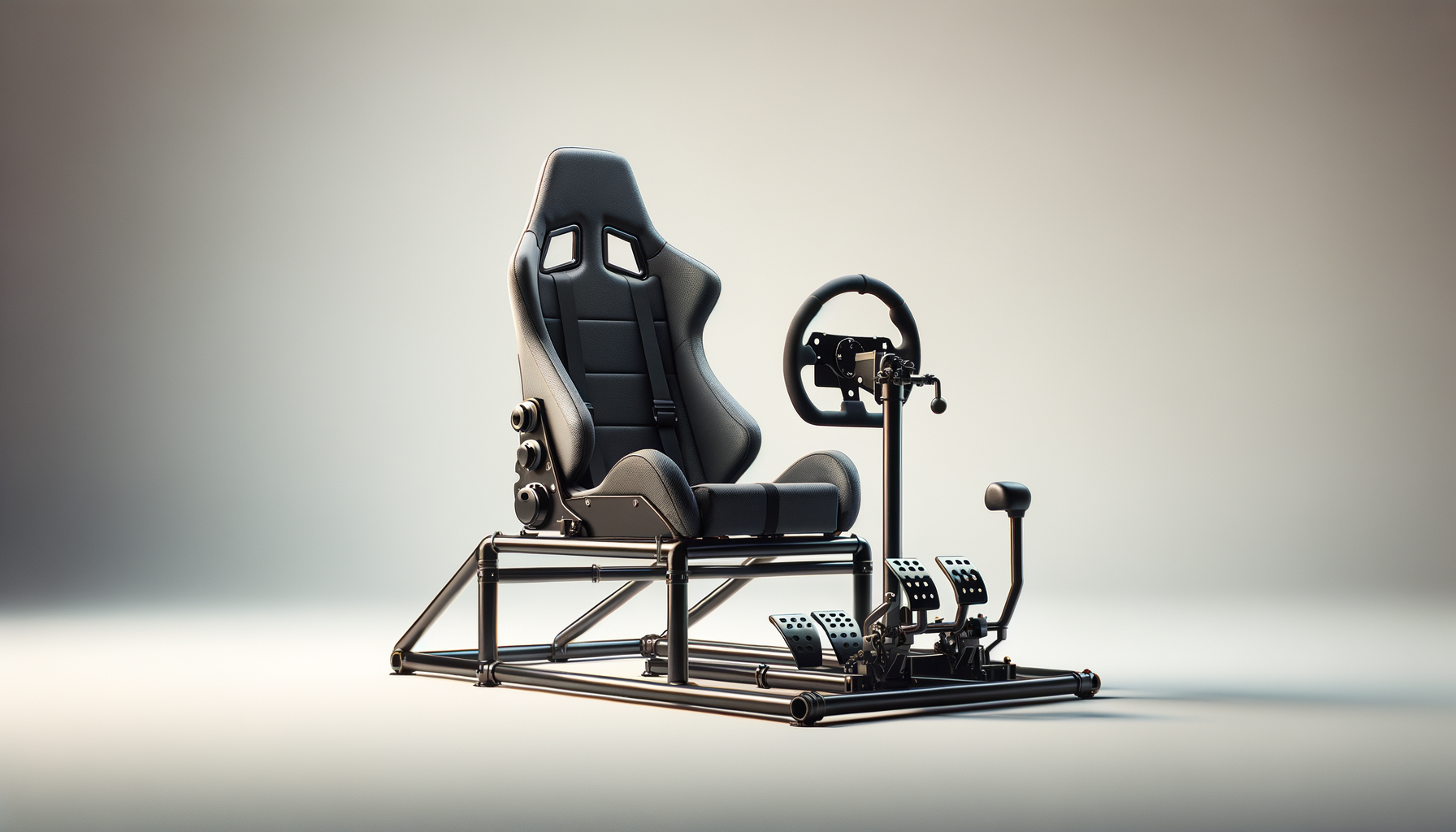 High-performance gaming seat with racing wheel and foot pedals on a frame, set against a plain background.