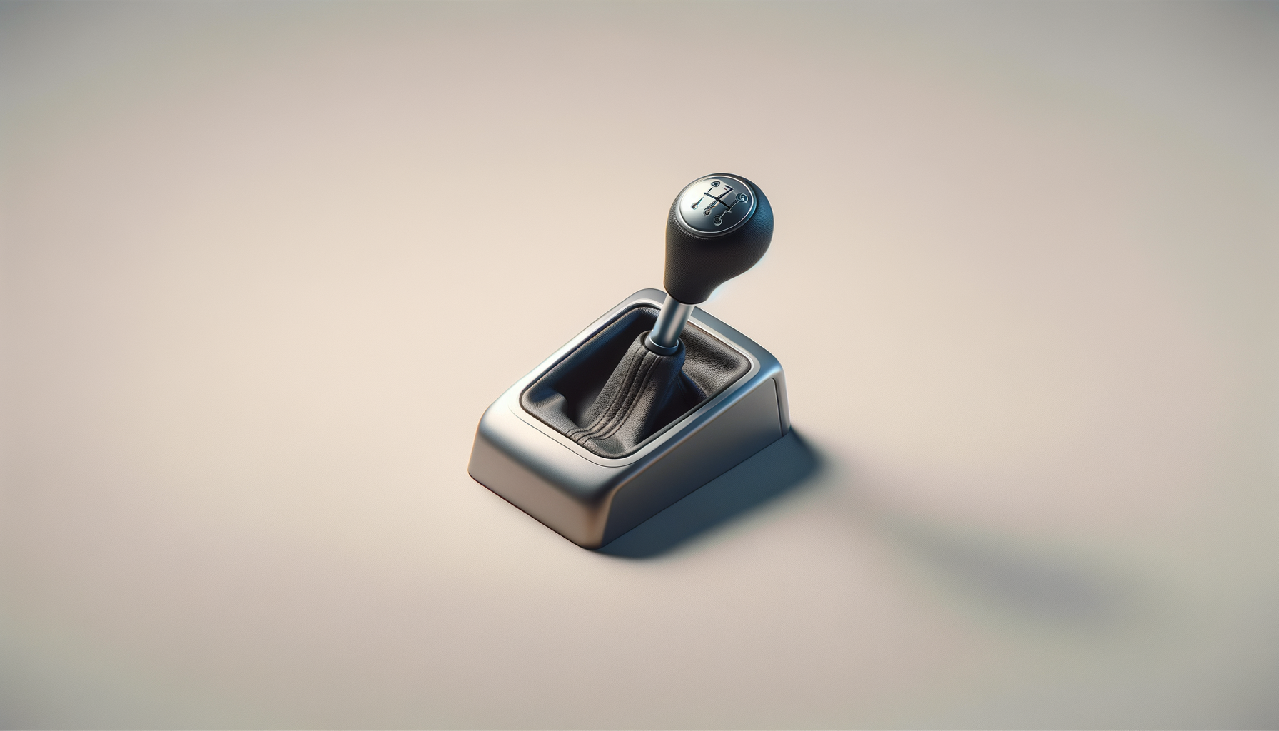 Close-up of a manual gear shift lever in a car, positioned in a sleek, metallic gear console.