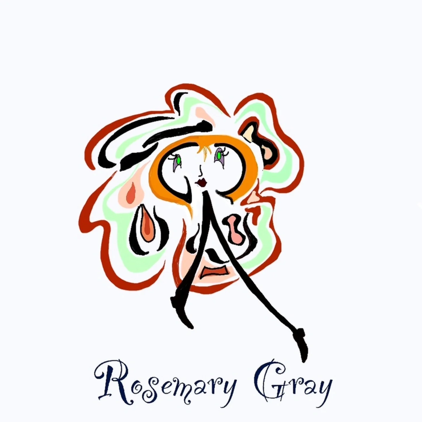 Abstract illustration of a woman with colorful hair, green eyes, and a black dress, with the text "Rosemary Gray" underneath.
