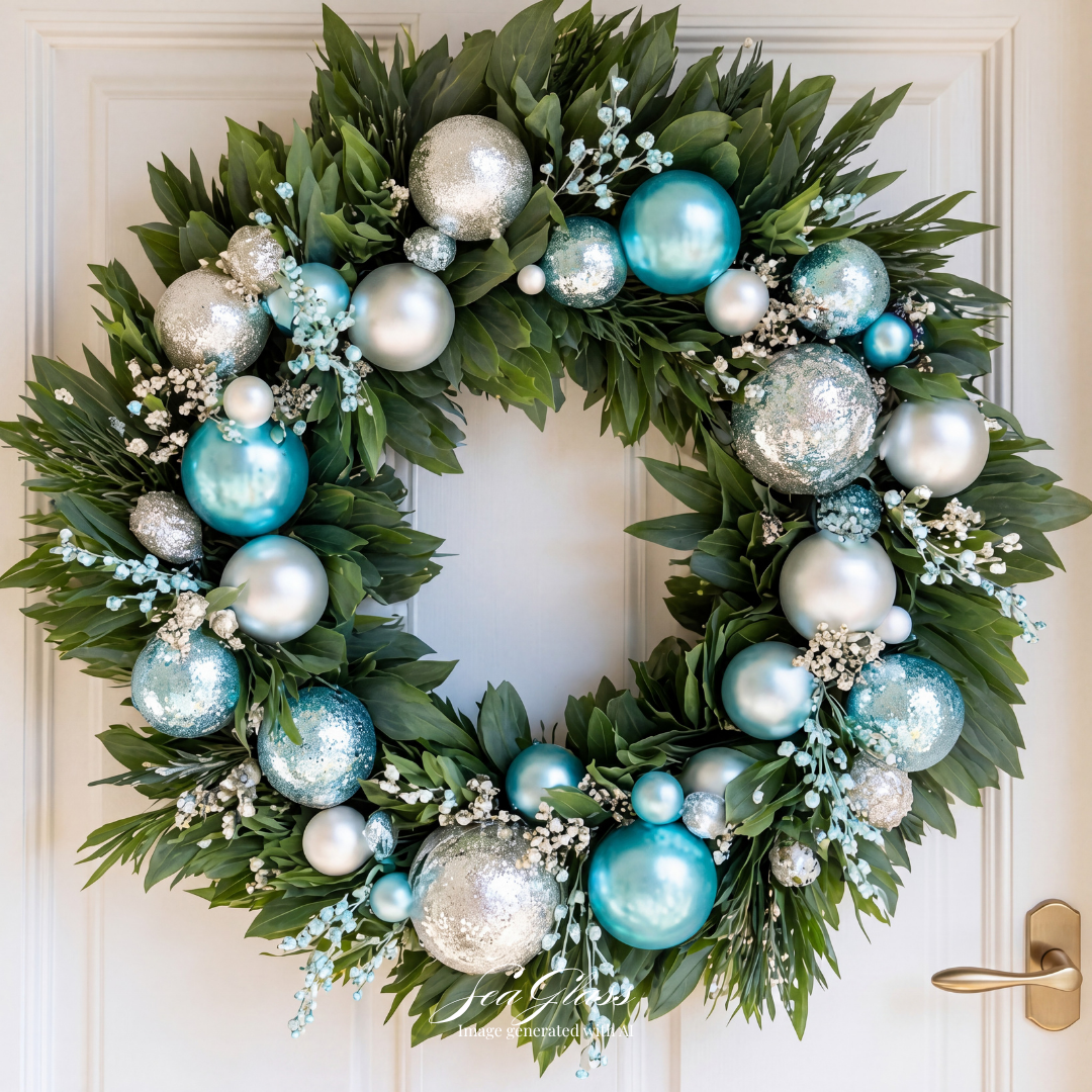 Green holiday and Christmas wreath with light blue, silver and white Christmas ornaments with picks. Great for beachy, coastal, winter wonderland.  Corporate holiday decor. Small Business decor