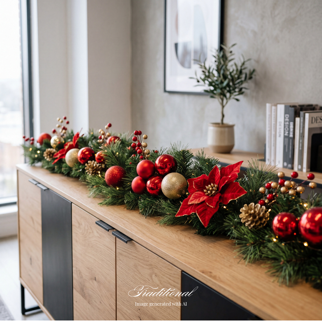 green Christmas holiday garland with red and gold ornaments and picks. Traditional holiday decor, classic holiday decor. Corporate Holiday decor. Small Business decor