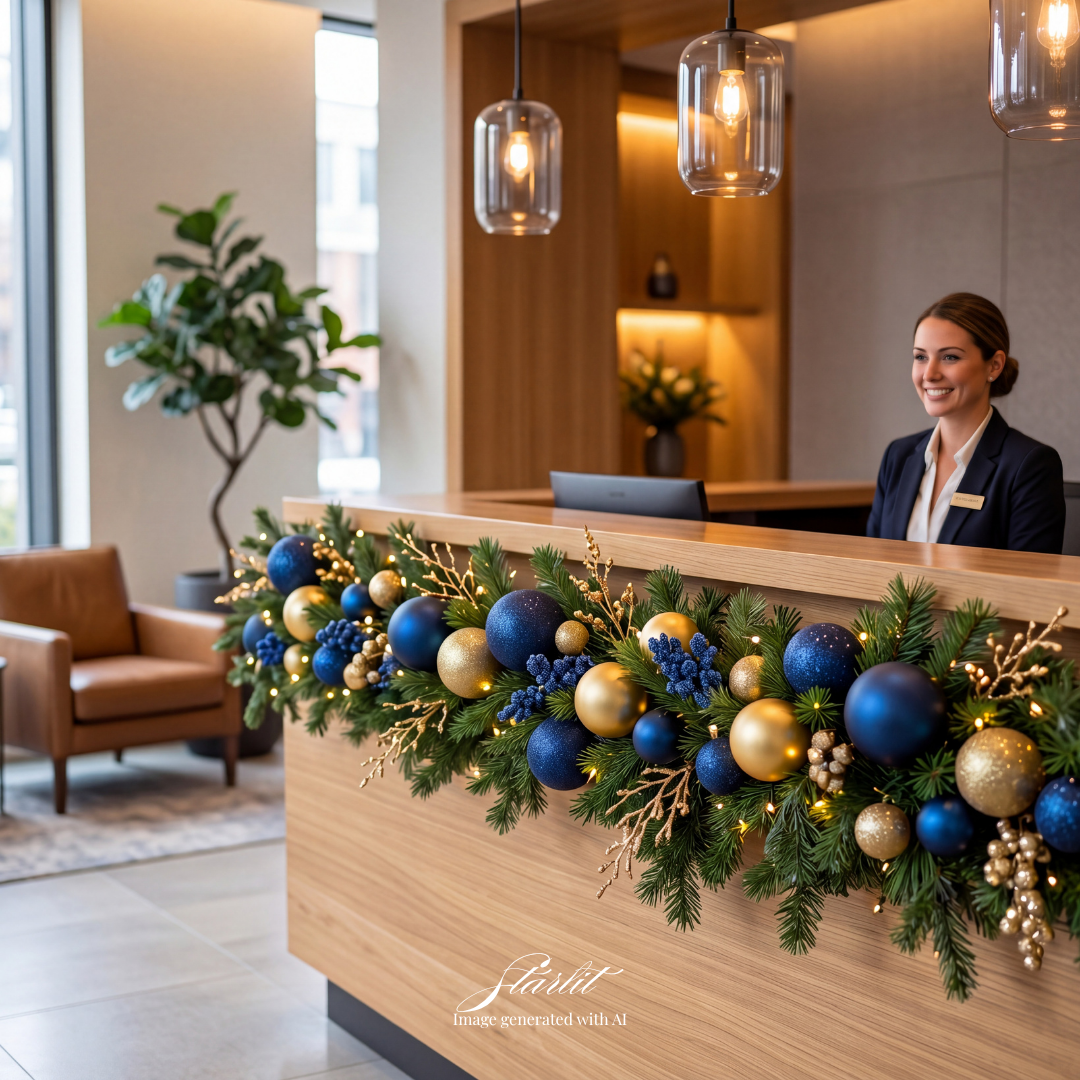Green Holiday and Christmas garland with gold and navy blue christmas ornaments and picks. Holiday Decor. Holiday Decorating. corporate Holiday decor. Small Business decor.