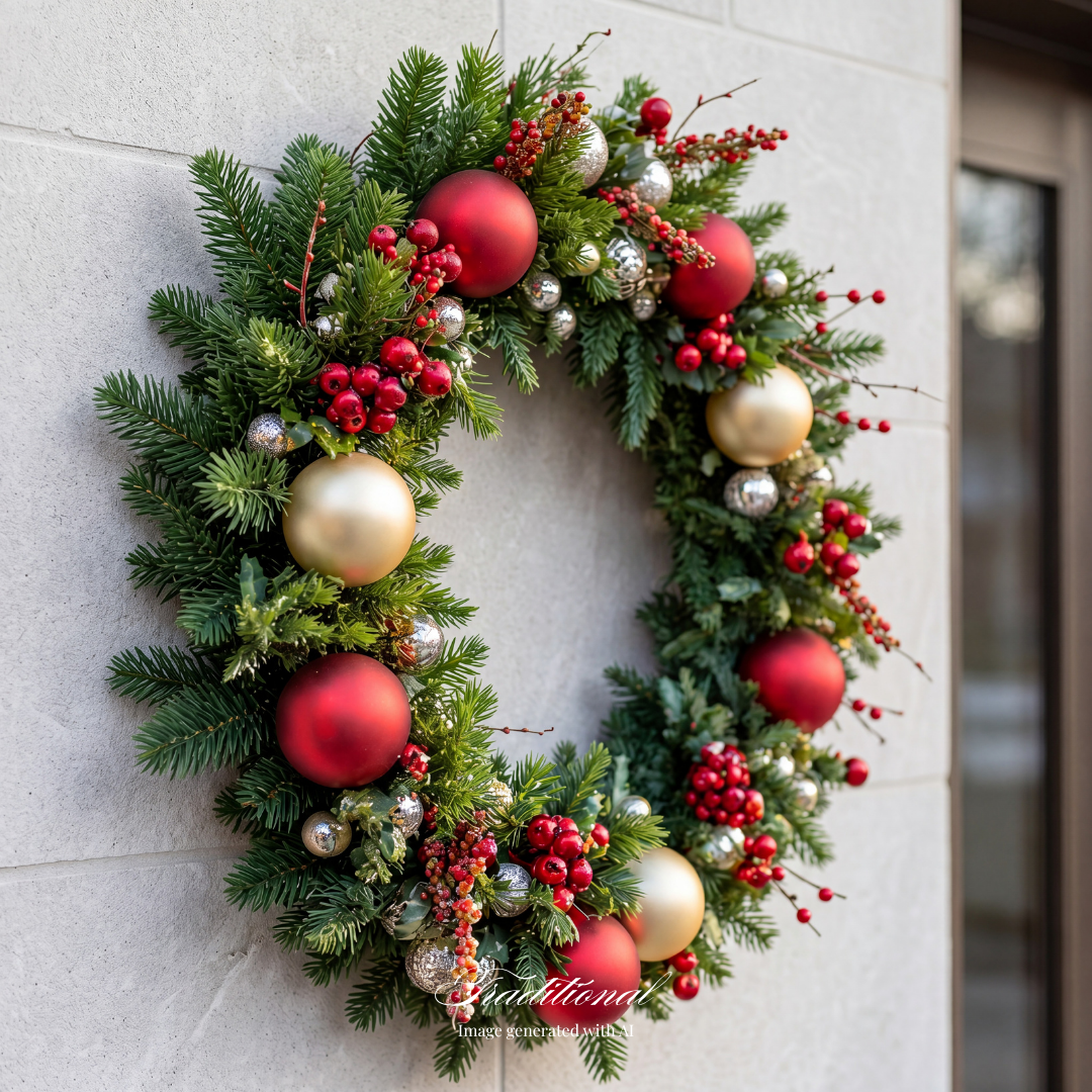 Exterior green Christmas holiday wreath with red and gold ornaments and picks. Traditional holiday decor, classic holiday decor.  Corporate holiday decor. Small Business decor