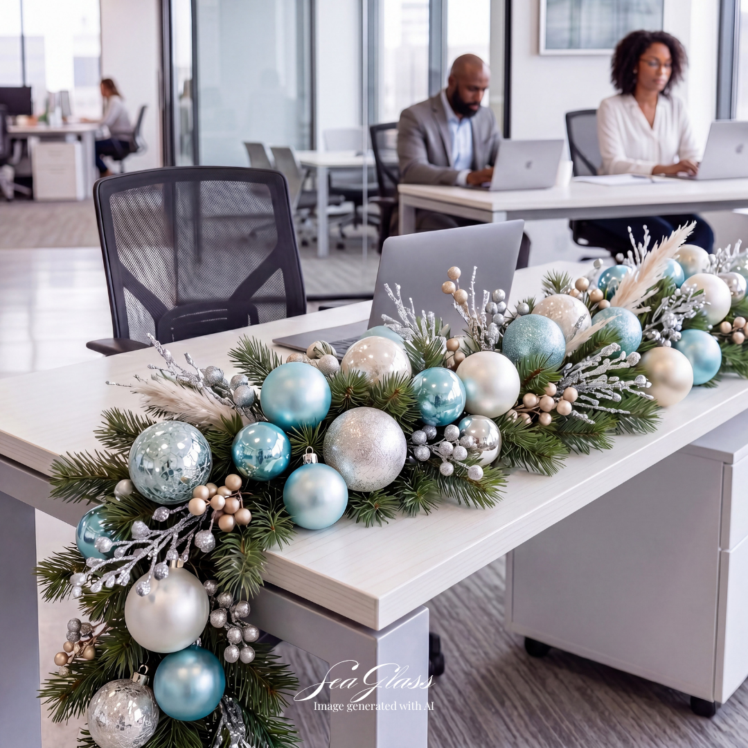 Green holiday and Christmas garland with light blue, silver and white Christmas ornaments with picks. Great for beachy, coastal, winter wonderland. Corporate holiday decor. Small Business decor