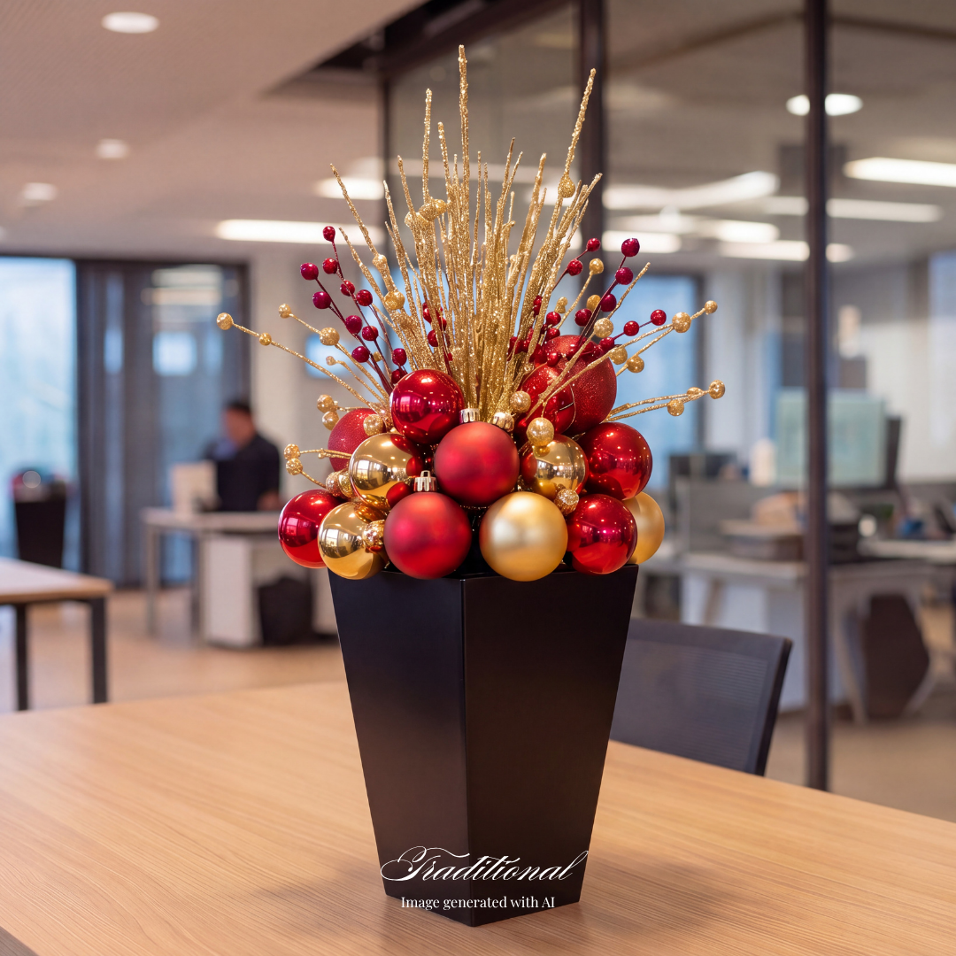 Christmas holiday decor with red and gold ornaments and picks. Traditional holiday decor, classic holiday decor. Corporate Holiday decor. Small Business decor