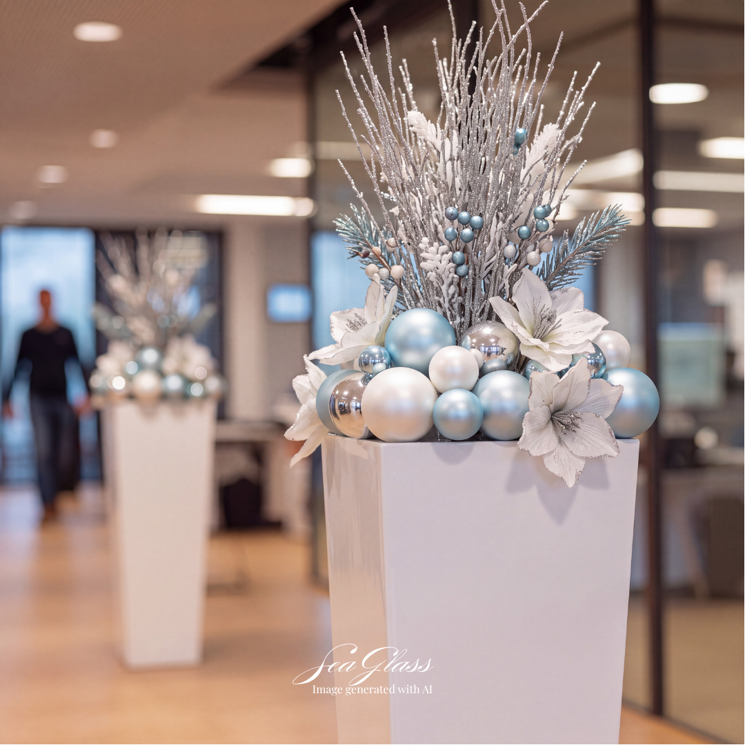 Holiday and Christmas decor with light blue, silver and white Christmas ornaments with picks. Great for beachy, coastal, winter wonderland. Corporate holiday decor. Small Business decor