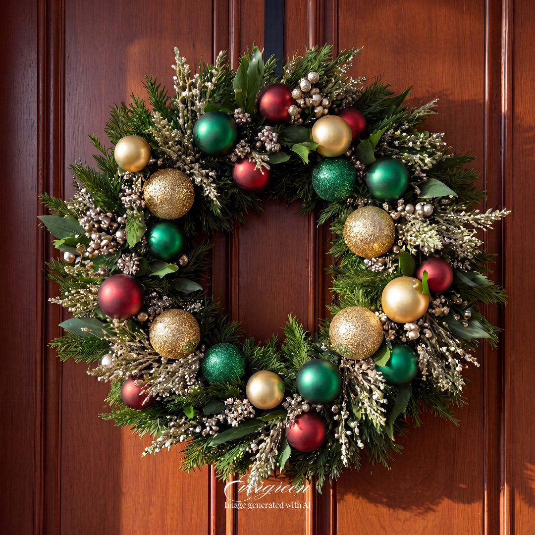 Red, Green and gold Christmas Holiday wreath. Green Wreath. Holiday Decor. Traditional Holiday decor. Traditional Holiday Wreath.  Corporate holiday decor. Small Business decor