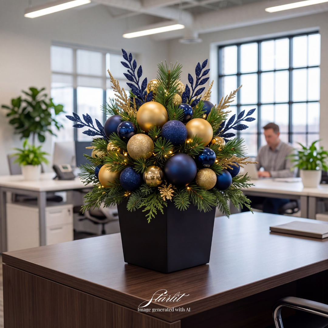 Green Holiday and Christmas decor with gold and navy blue christmas ornaments and picks. Holiday Decor. Holiday Decorating. corporate Holiday decor. Corporate holiday decor. Small Business decor