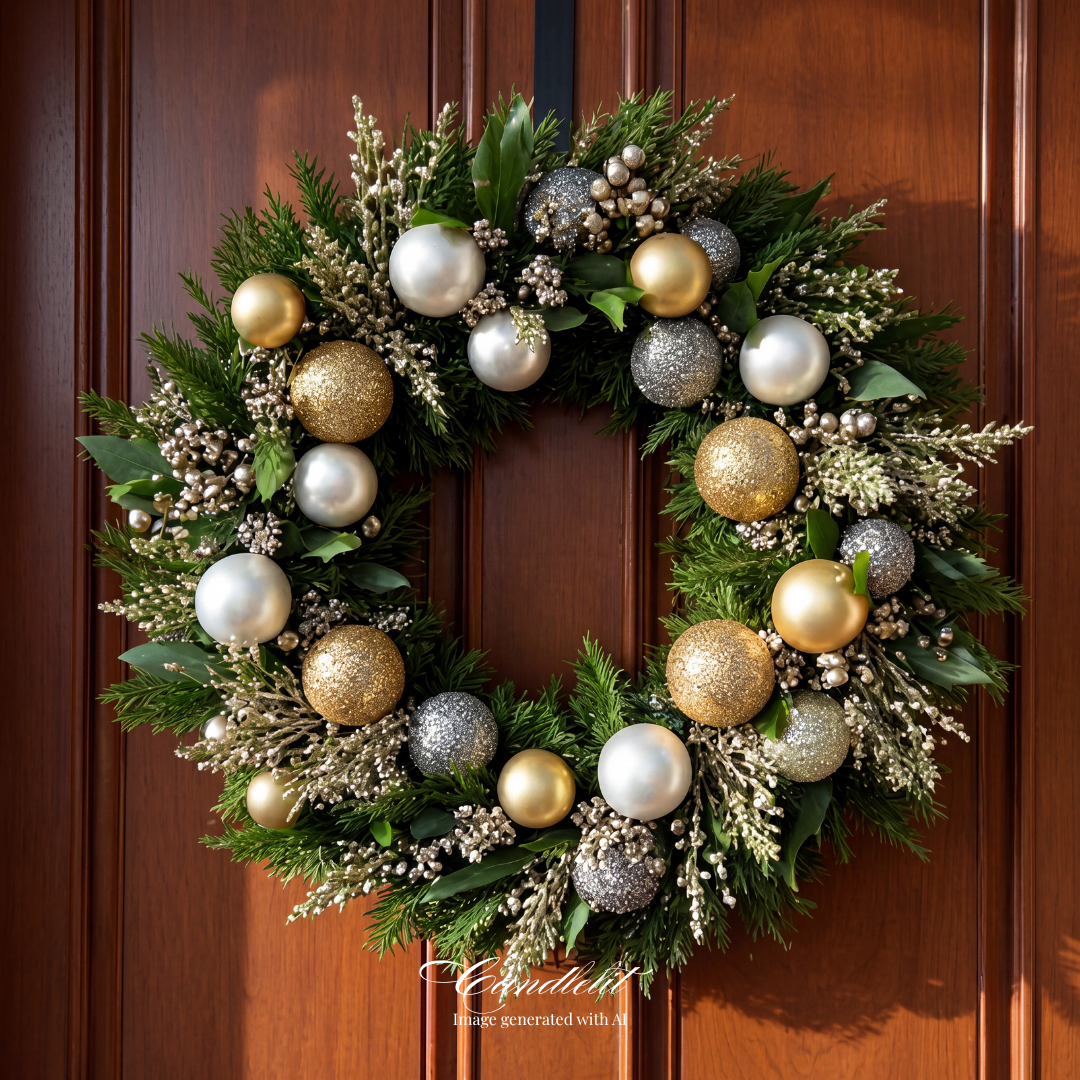 Green holiday and Christmas wreath with gold and silver ornaments and picks. Classic style holiday decor. Luxury style holiday decor. Luxury style wreath