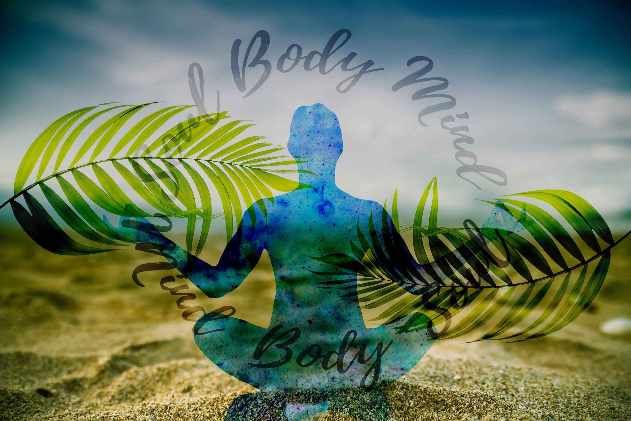 Overlay of a digital image of a person in a yoga pose with text 'Body' repeated multiple times, and green leaves in the foreground.