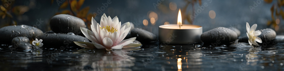 Zen spa scene with black stones, white lotus flowers, and a lit candle on water.