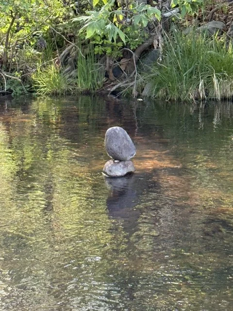 Two stacked rocks in a calm stream with lush green plants along the bank.