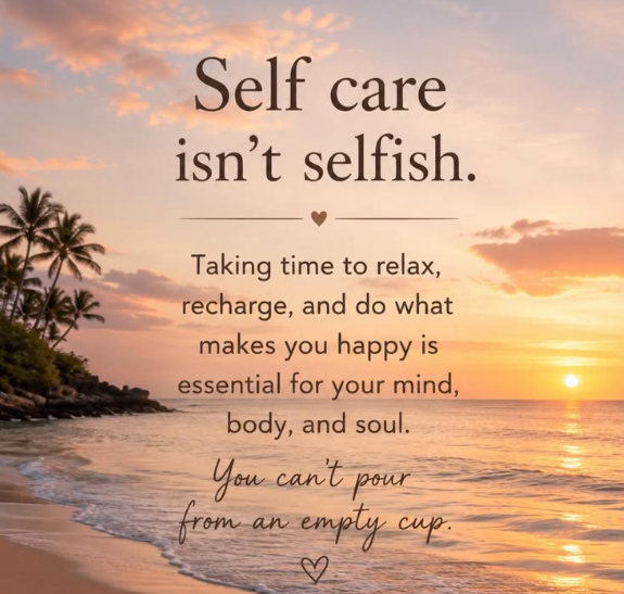 Sunset over a beach with palm trees and the ocean, with an inspirational quote about self-care.