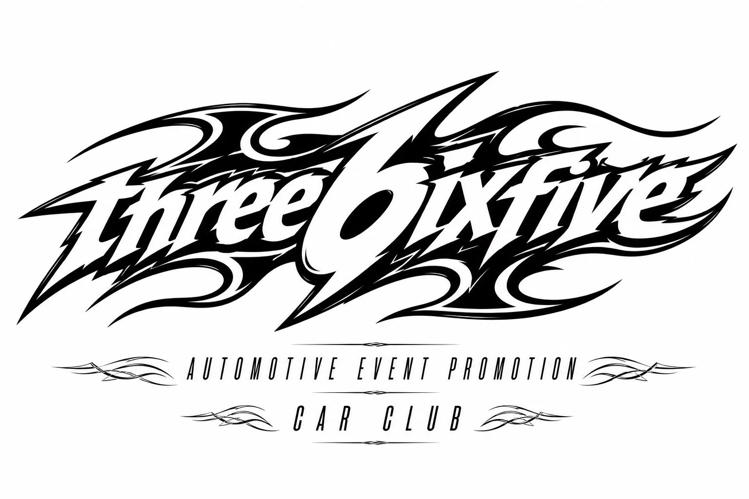 A black and white logo with the text 'Three Oxive' in stylized, sharp, flame-like font, with smaller text below reading 'Automotive Event Promotion' and 'Car Club', separated by decorative lines.