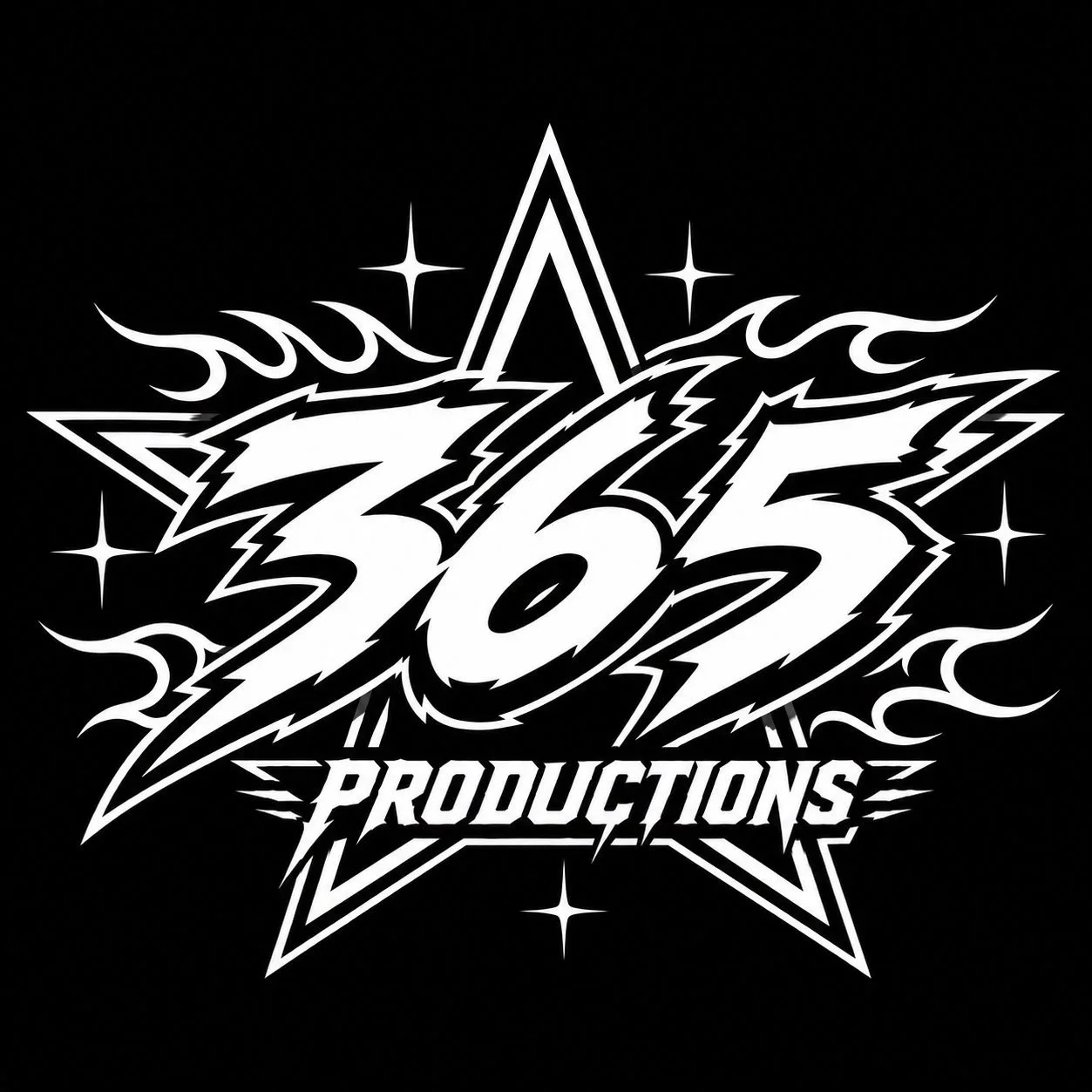 Black and white logo for Z365 Productions featuring bold stylized text with a starburst and flame design.