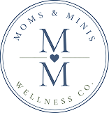 Circular logo with 'MOMS & MINIS WELLNESS CO.' around the border, and two large 'M' initials with a heart and arrow in the center.