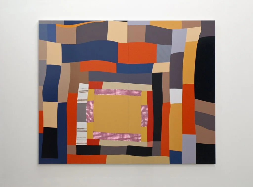 Abstract geometric artwork with various colored rectangles and lines, featuring shades of blue, orange, black, beige, gray, and pink.