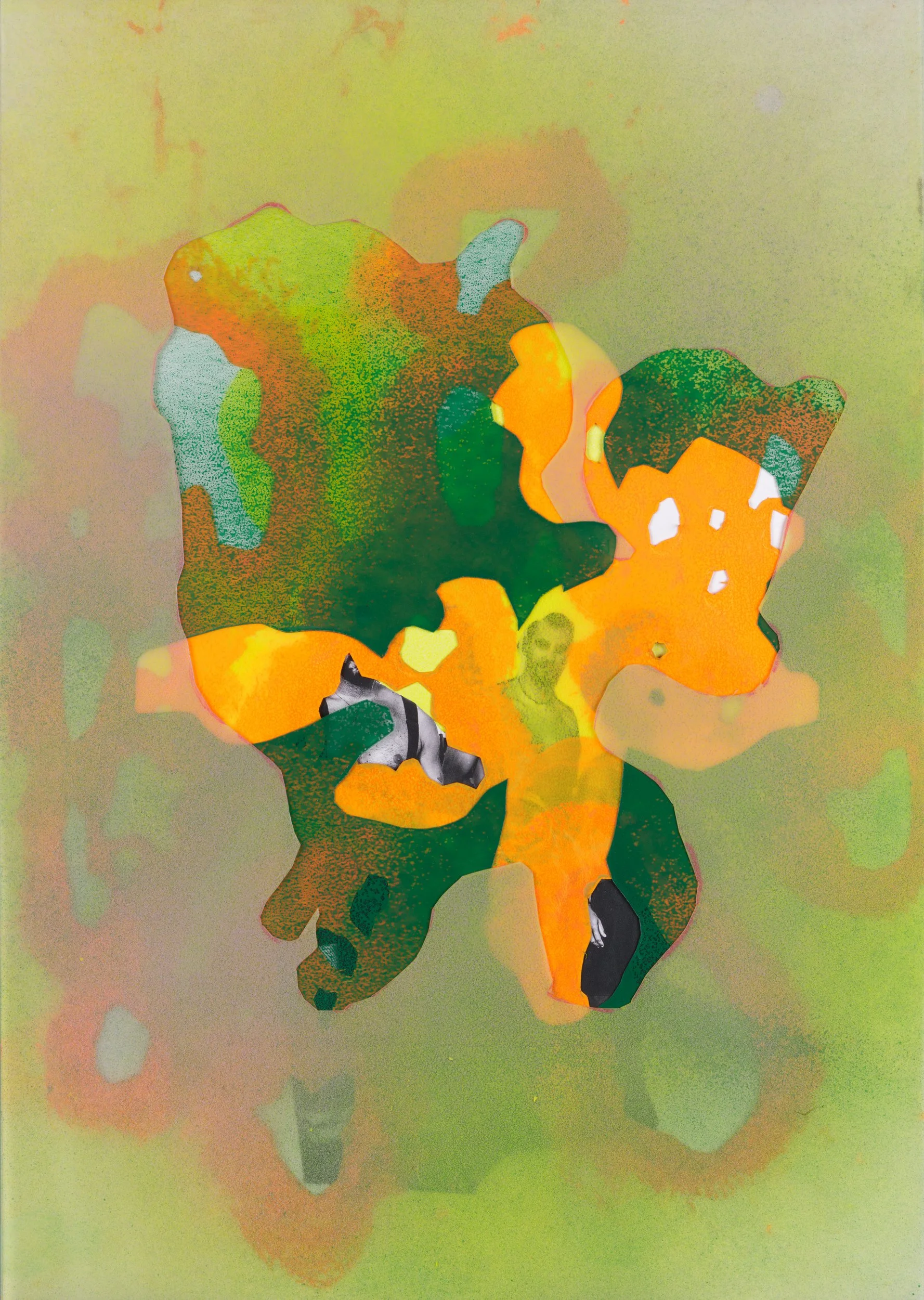 Abstract digital art with vibrant splashes of orange, green, black, lighter shades of orange, and some blue, with a textured background that transitions from pale yellow to green.