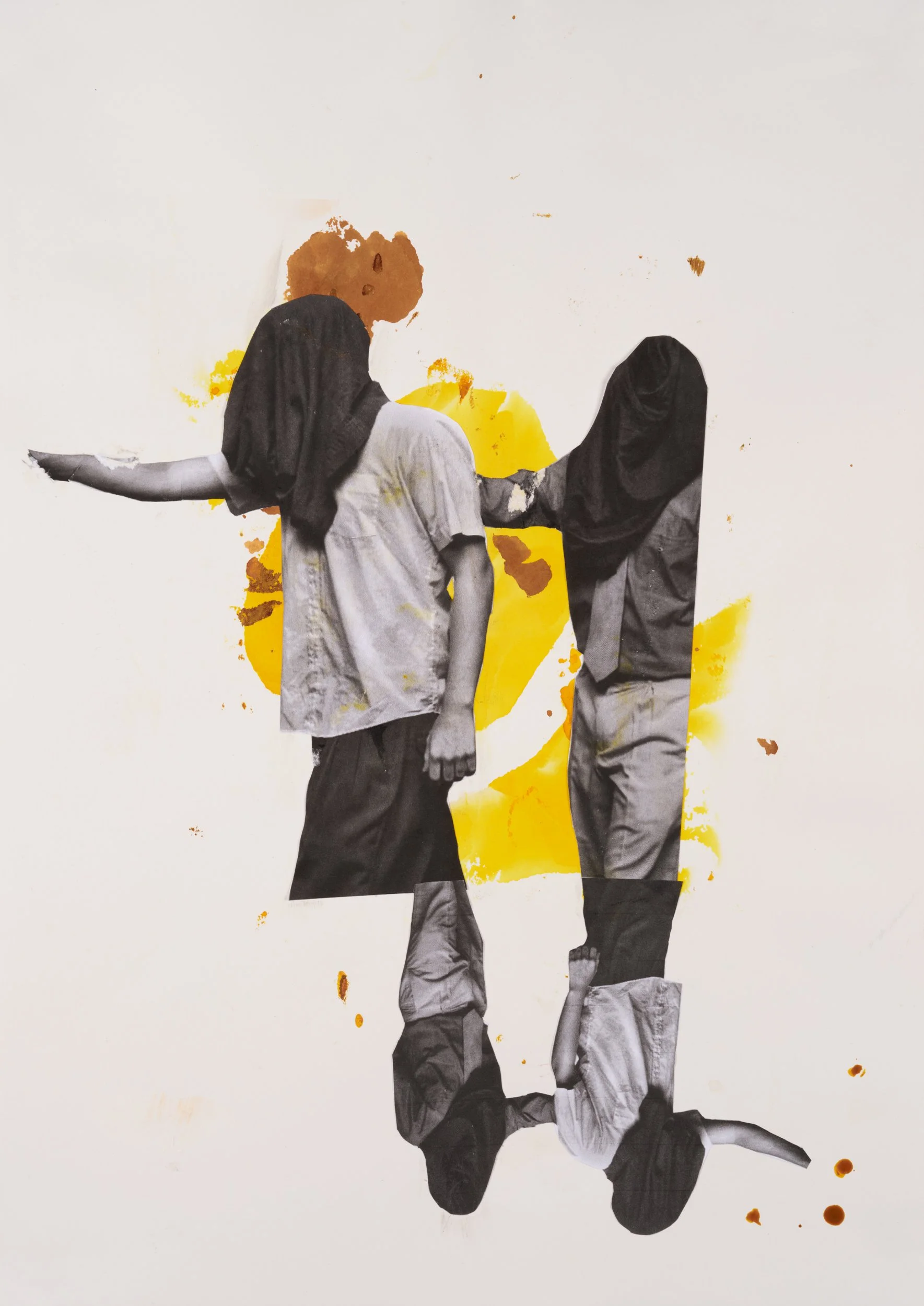 Black-and-white collage of two children holding hands, with yellow and orange paint splatters in the background.