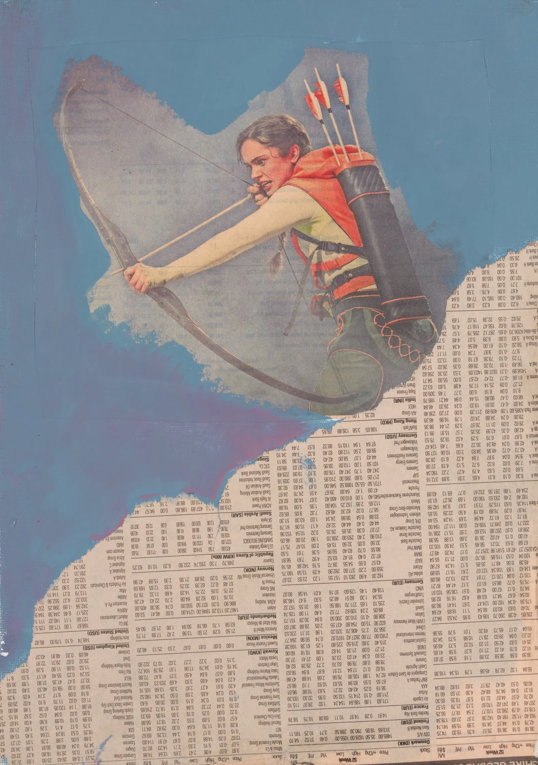 An illustration of a woman aiming a bow and arrow, with a quiver of arrows on her back, against a blue background. The image appears to be printed and overlayed with a torn paper effect.