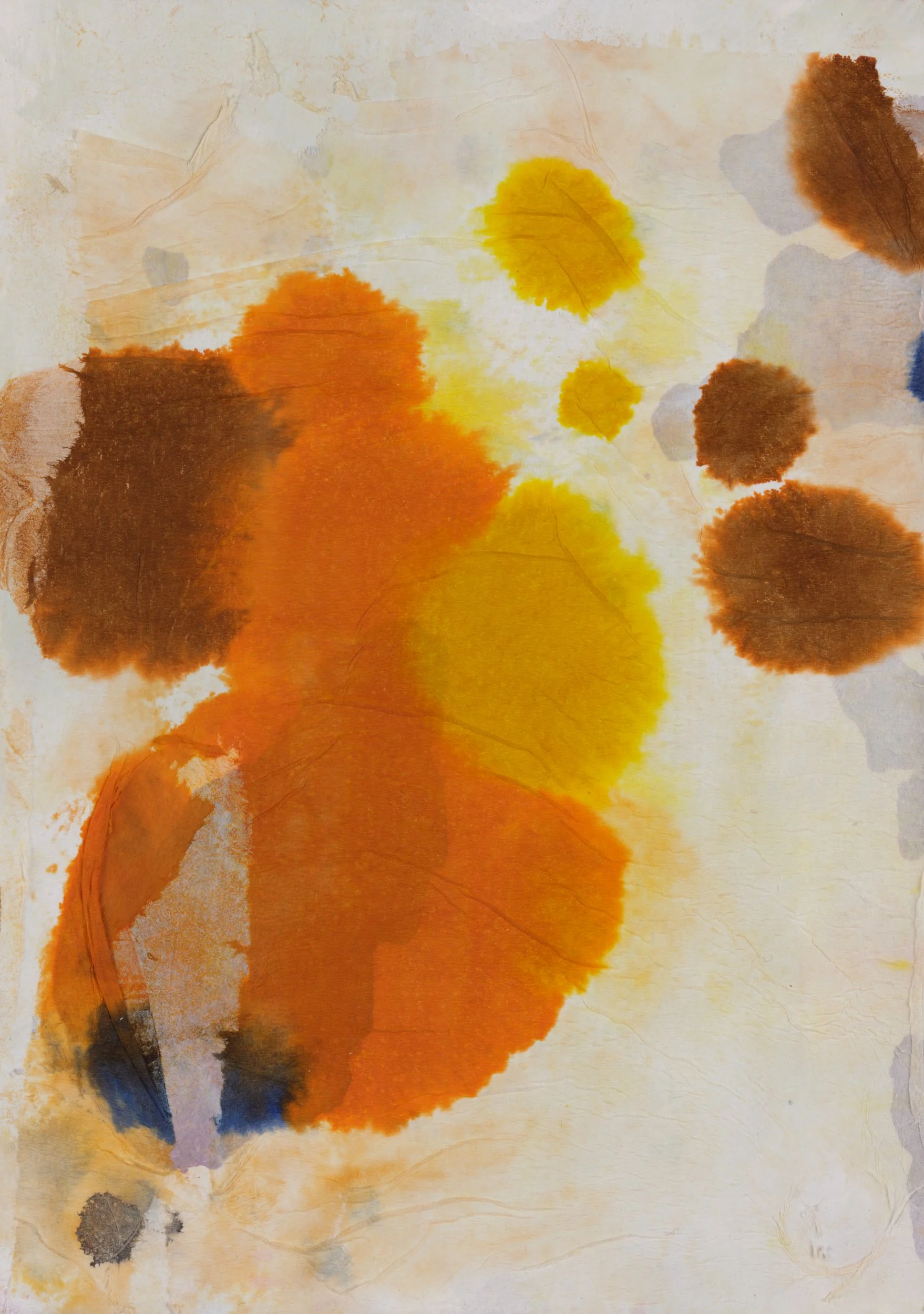 Abstract watercolor painting with warm tones of yellow, orange, and brown, with some hints of purple, blue, and gray.