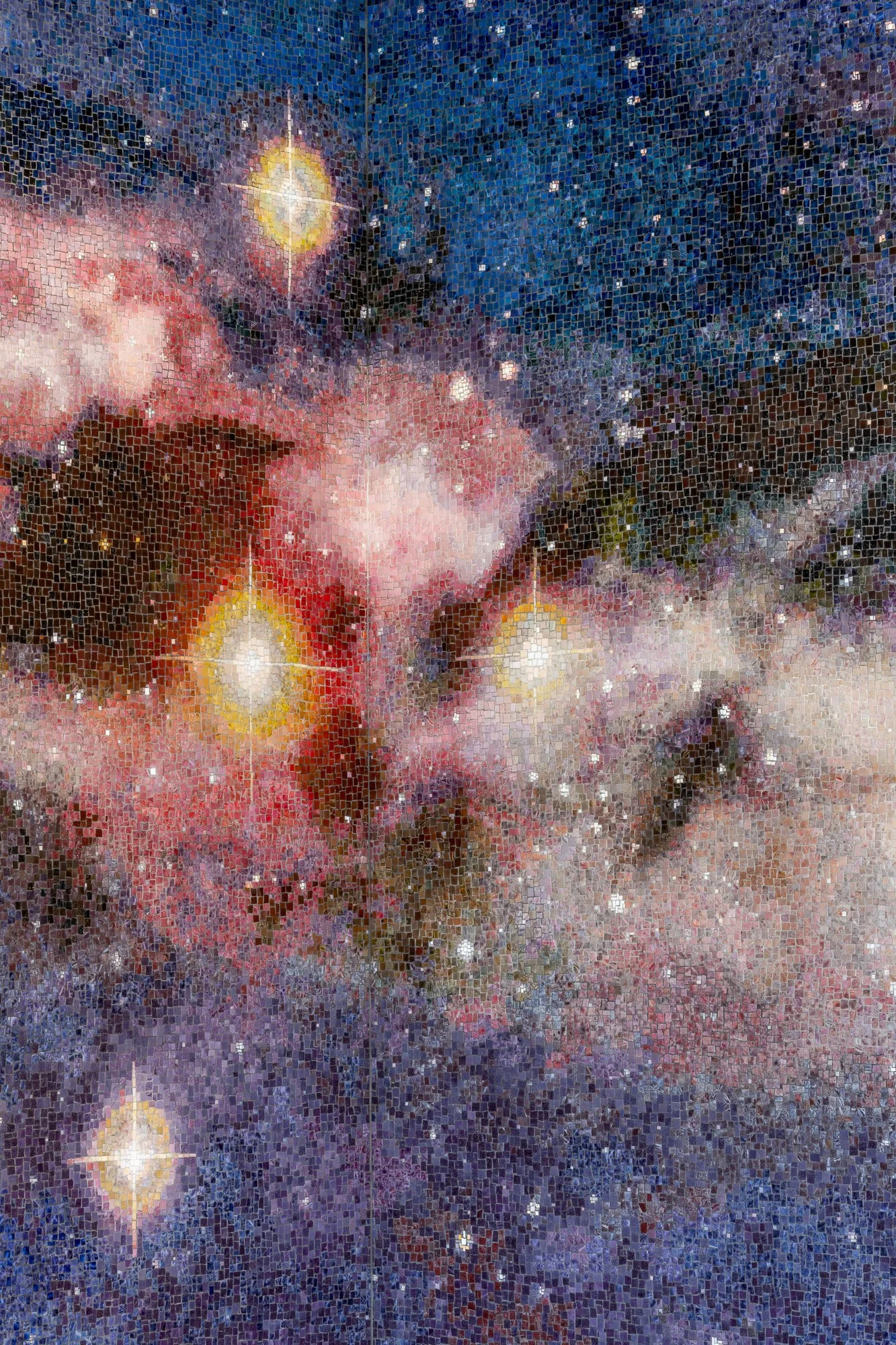 Close-up of a mosaic wall depicting a scene from Vincent van Gogh's 'Starry Night', with swirling blue sky, bright stars, and moon.