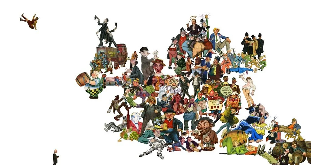 A map of Texas filled with various cartoon characters, animals, and objects representing different regions and cultures of Texas.