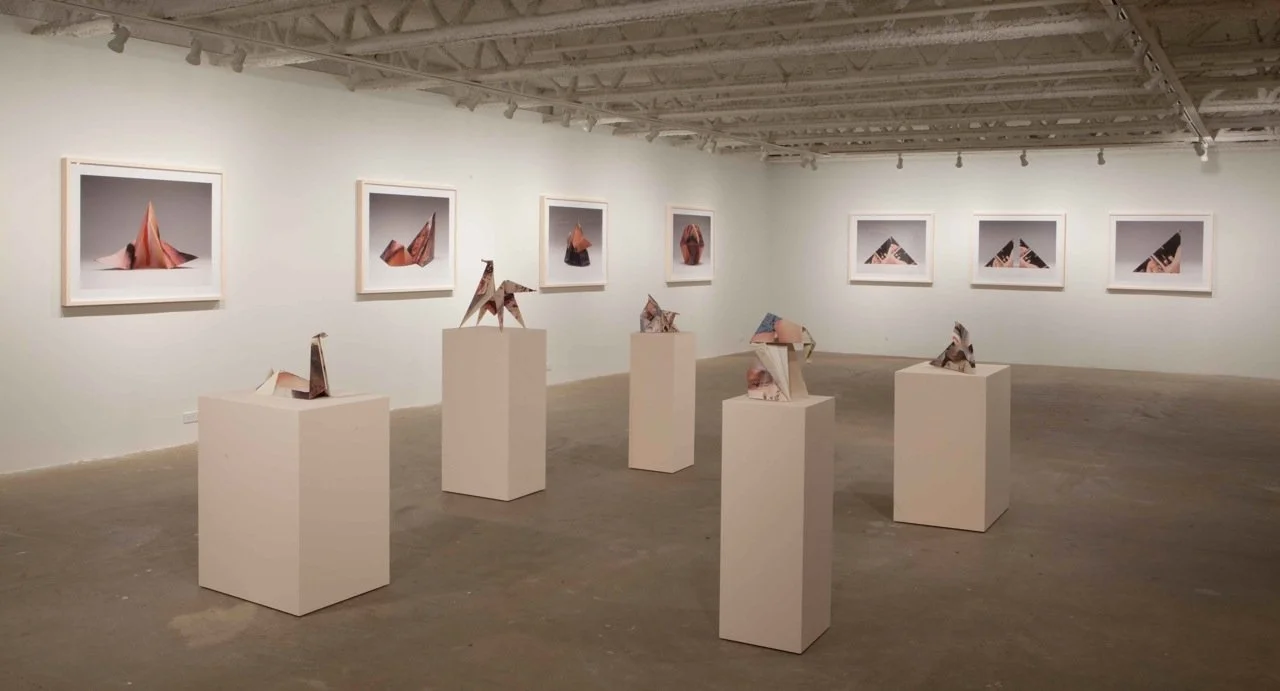 An art gallery with framed photographs on the walls and sculptures on white pedestals.