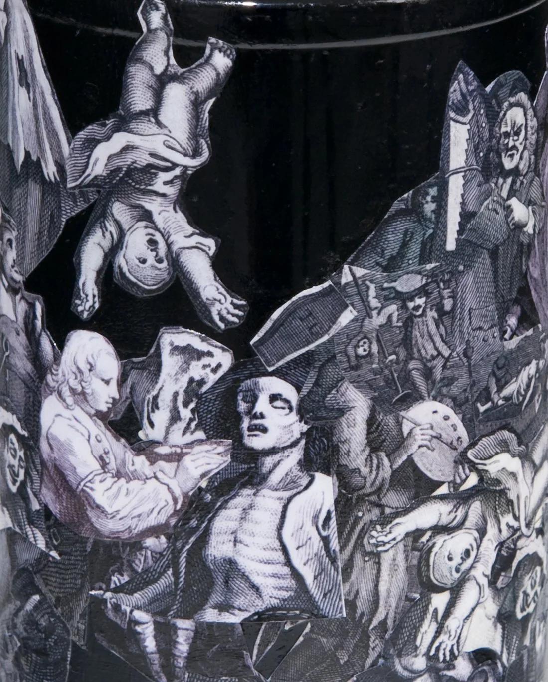 Collage of black and white images of horror characters and scenes, including a baby doll, a distorted face, a puppet, and various creepy figures.