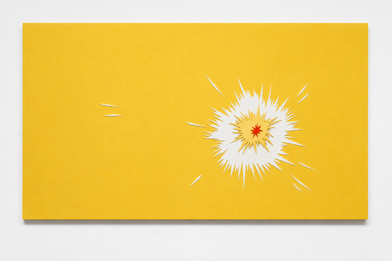 Abstract artwork with white, yellow, and red spiked patterns on a yellow background.