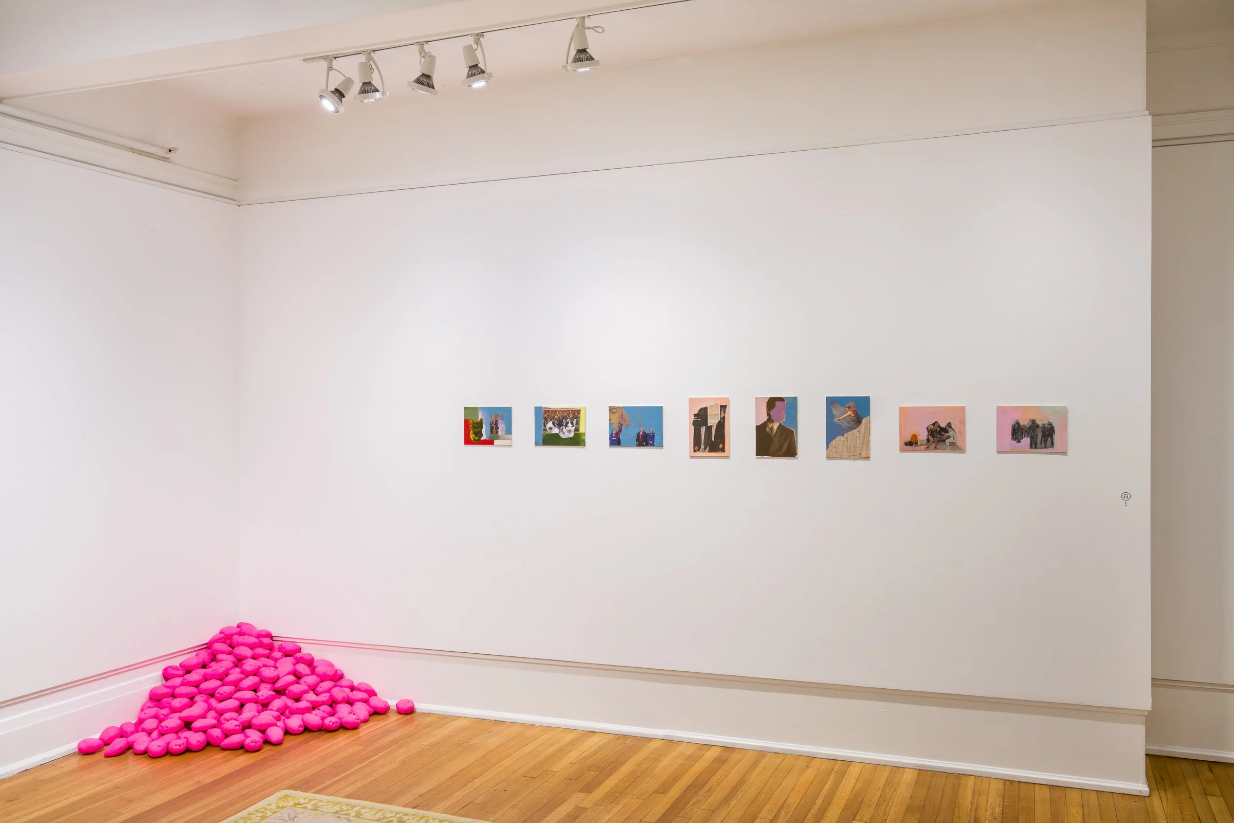Art gallery wall with framed illustrations depicting various scenes and figures, track lighting above, and a pile of pink potatoes on the floor in the corner.