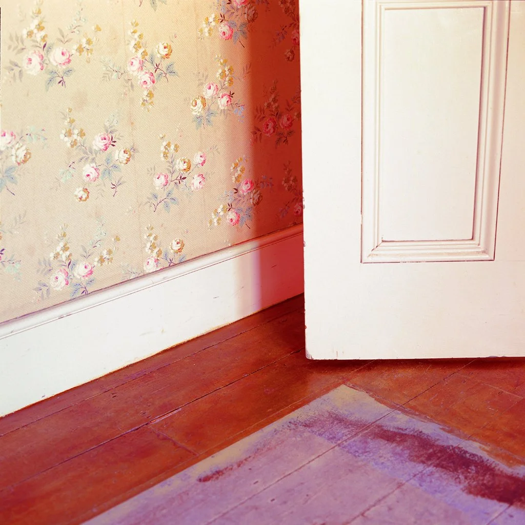 Close-up of a corner of a room showing a floral wallpapered wall, a white door, hardwood floor, and a pinkish area rug.